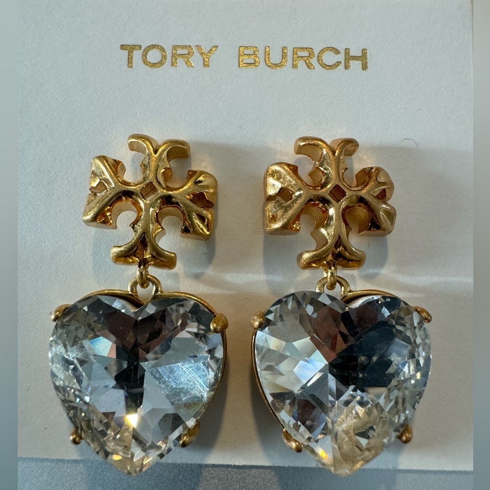 Tory Burch New Roxanne Crystal Brass Heart Drop Earrings - Picture 6 of 16